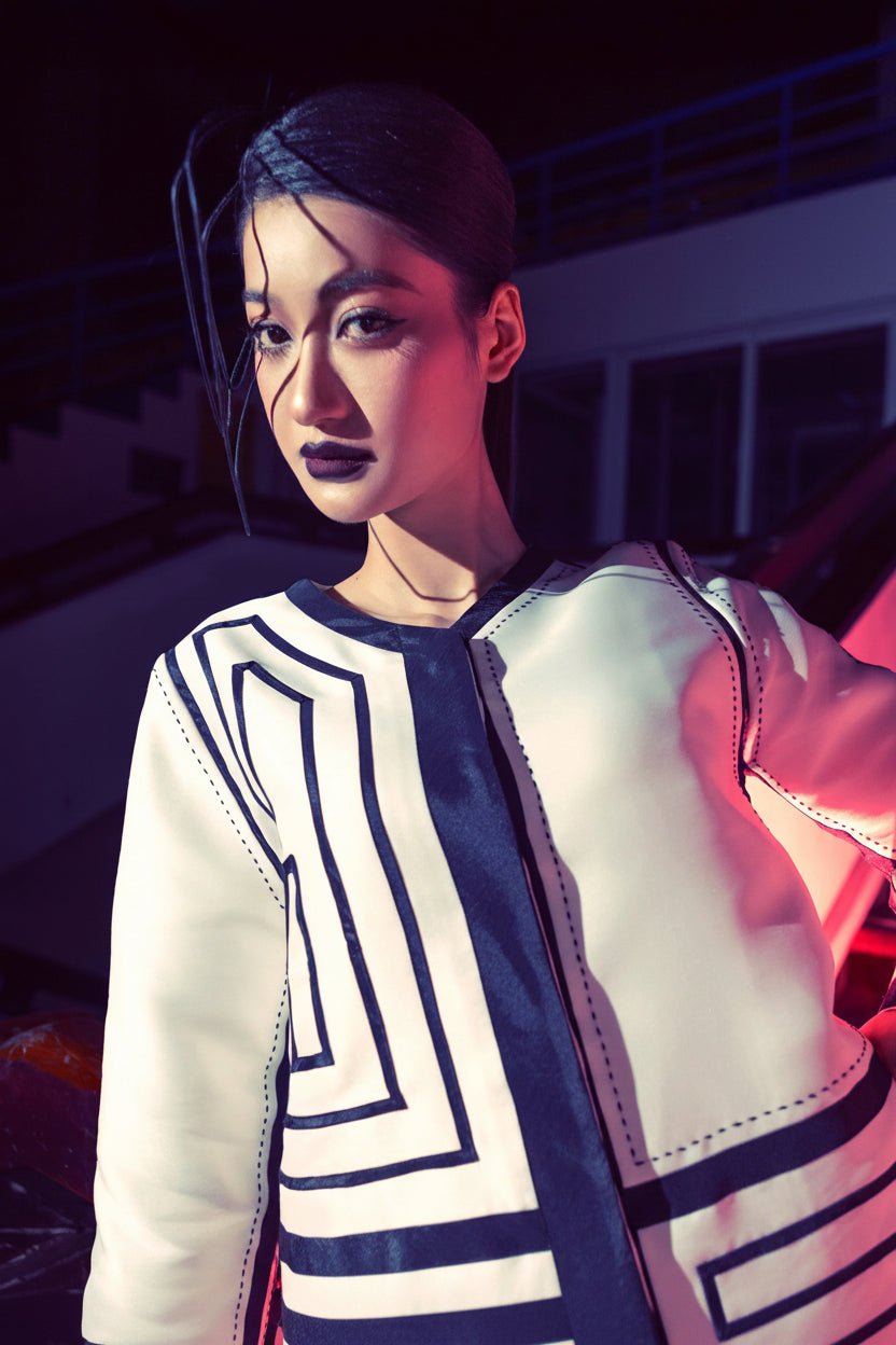 Model in a cream jacket hand-painted with a black maze pattern