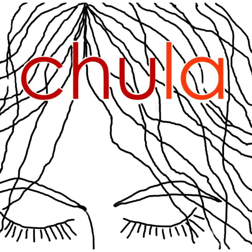 Chula wordmark in the house red, set within a line drawing of a face framed by hair