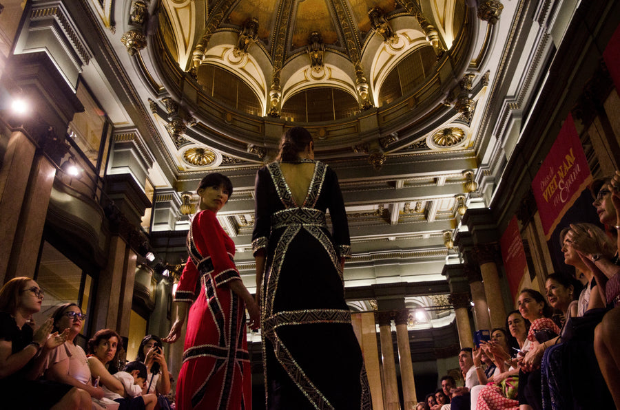 Models in hand-painted gowns at the Circulo de Bellas Artes in Madrid, 2019