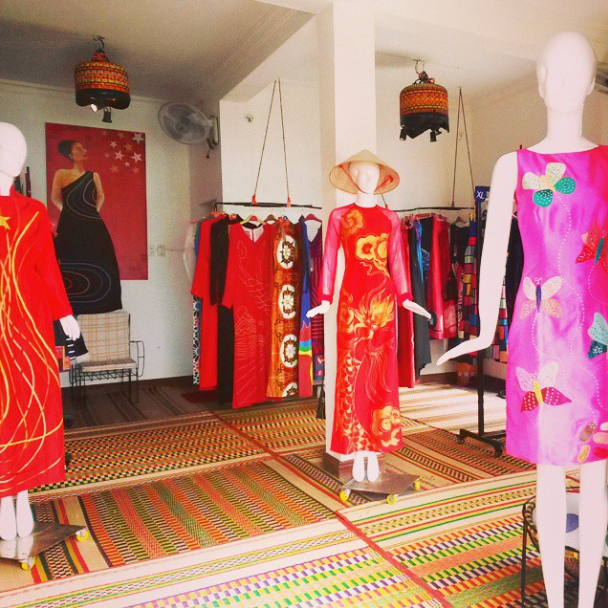 The Chula shop in Hoi An, hung with ao dai and painted dresses